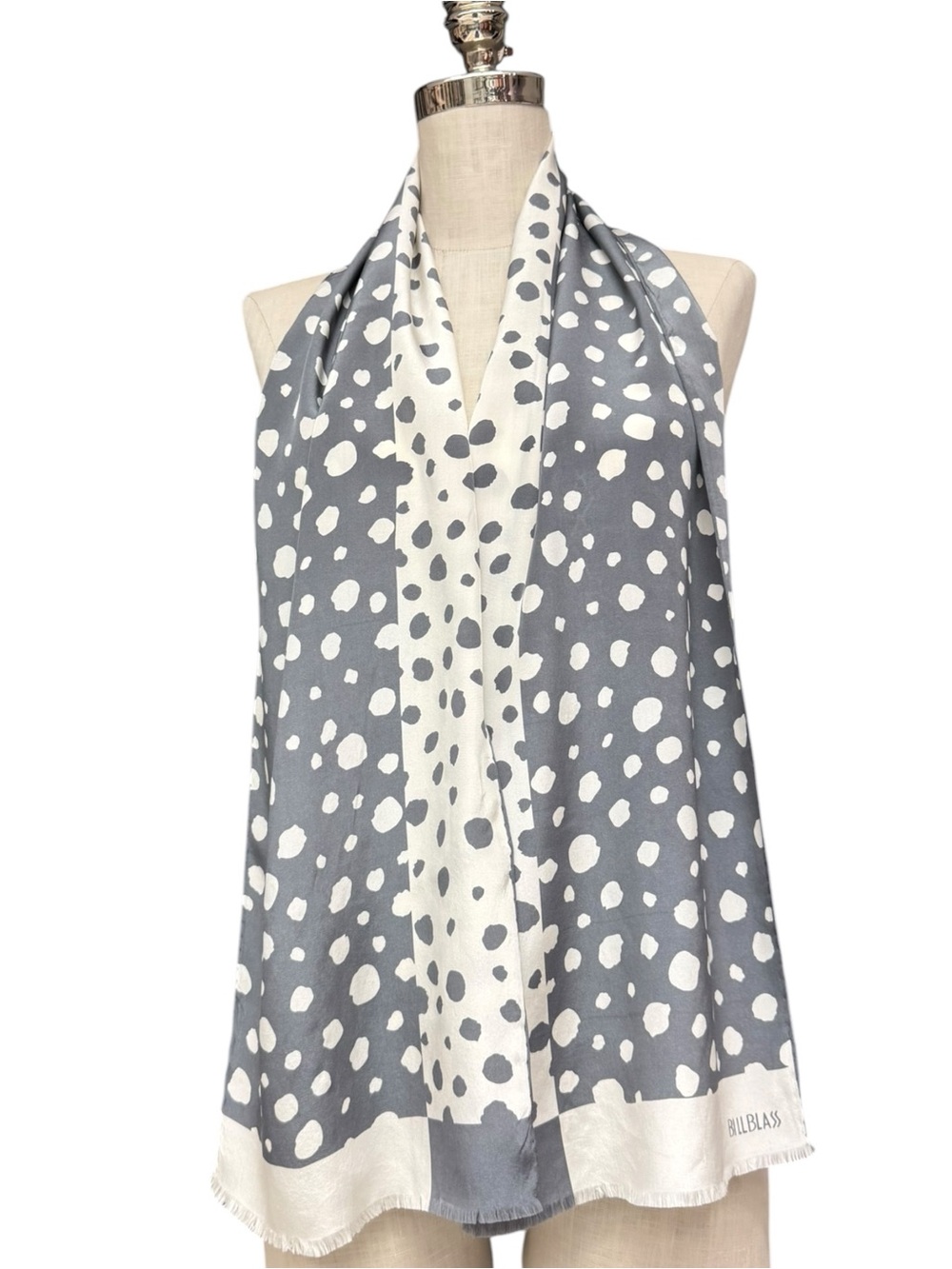 Vintage Bill Blass Gray Ivory Spotted Silk Scarf 80s Polka Dot Abstract Grey